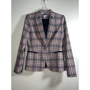 Tommy Hilfiger Checked Elbow Patch Lined Blazer Women's Size 2 Red Tan White